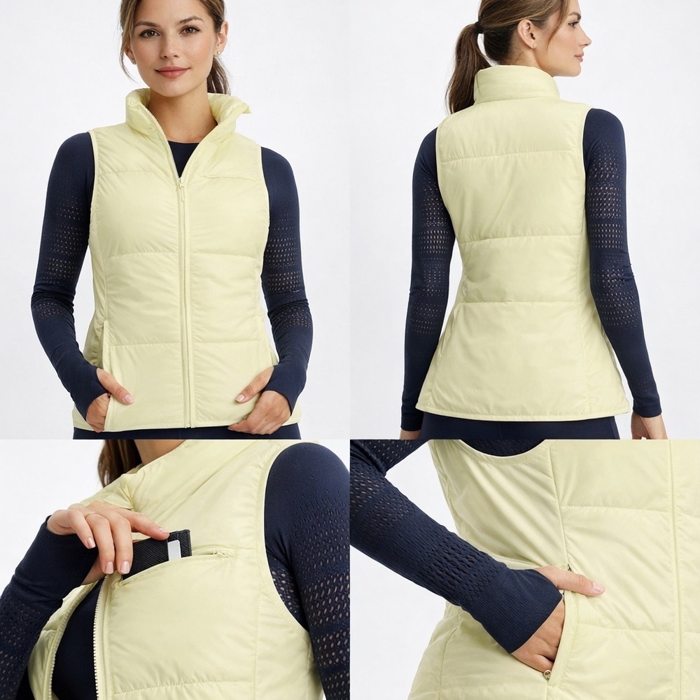060 Fabletics | NWOT $90 Neon Yellow Quilted Zip Front Packable Puffer Vest (M)
